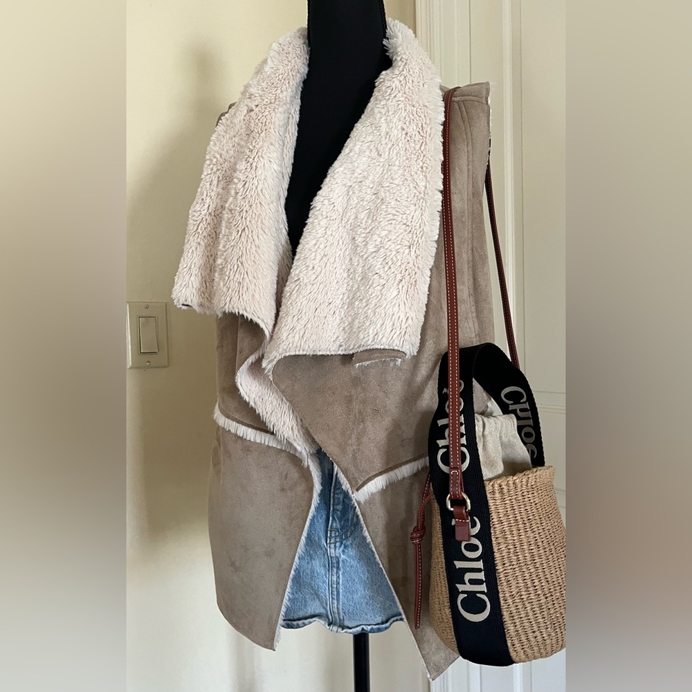 Tan and Cream Faux Shearling and Suede Vest - Picture 2 of 16